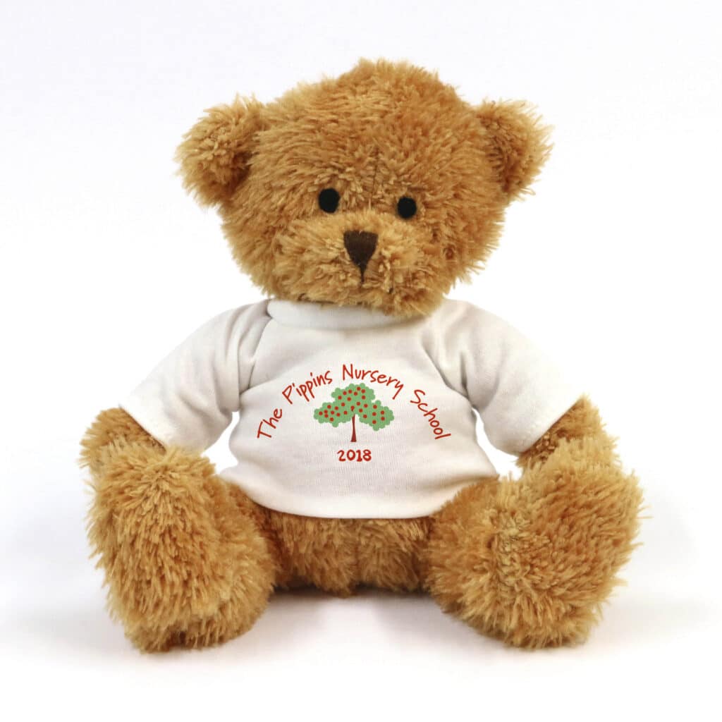 light brown James teddy bear with logo