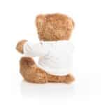 Rear left side view of edward teddy bear dark brown