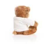 Rear right side view of edward teddy bear dark brown