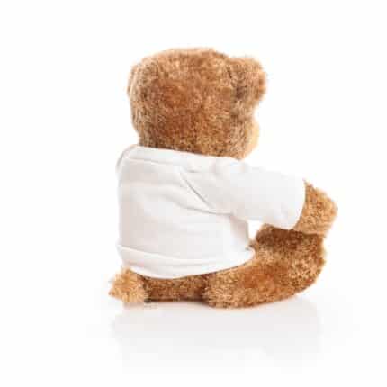 Rear right side view of edward teddy bear dark brown